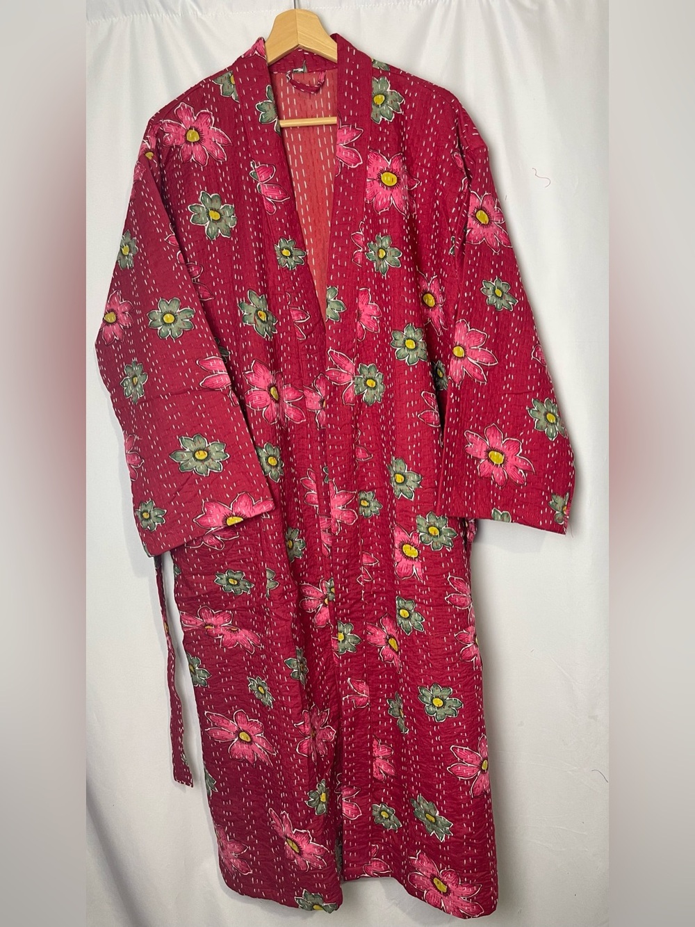 Women’s Kantha Quilt Robe Floral Cotton Kimono Belted Jacket Boho One Size